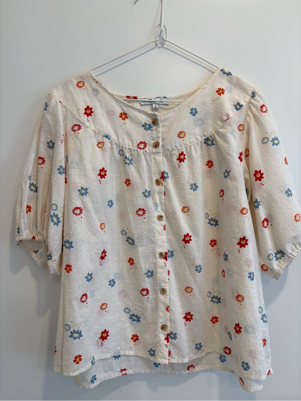 Madewell Cream Swiss Dot Blouse with Blue and Red Floral Print
